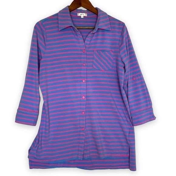Tyler Boe Blue Pink Striped 3/4‎ Sleeve Button Front Hi Low Tunic Top Medium - Picture 1 of 16